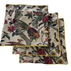 Set of 3 Coromandel Bird Floral Pillow‎ Covers 22x22 Mustard Yellow Velvet Back